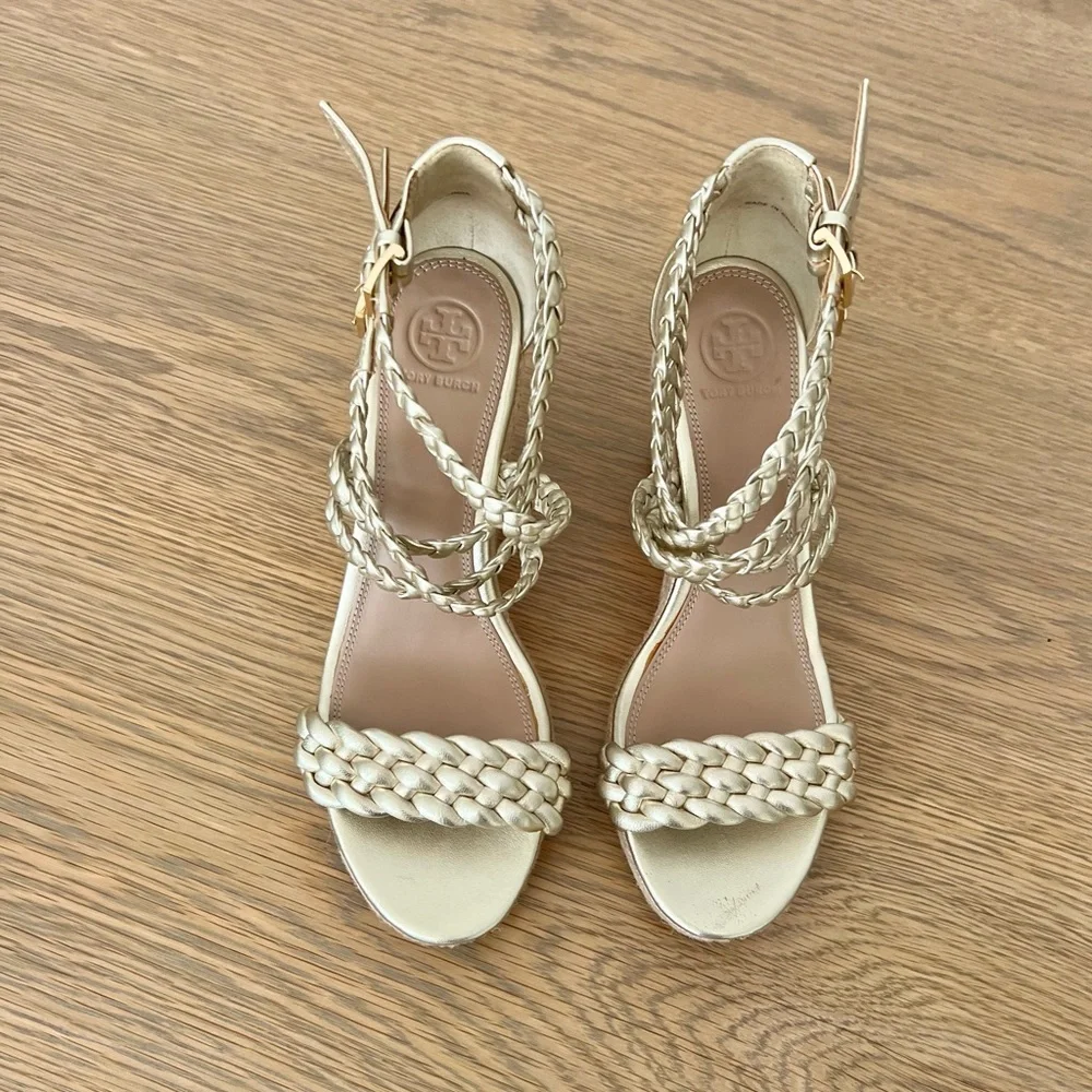 Tory Burch Bailey Metallic Leather Braid Espadrille Wedge Platform Sandals Gold - Picture 4 of 15